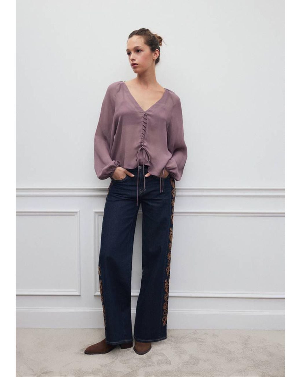 MANGO TEEN Pink Chiffon Blouse With Tie Details