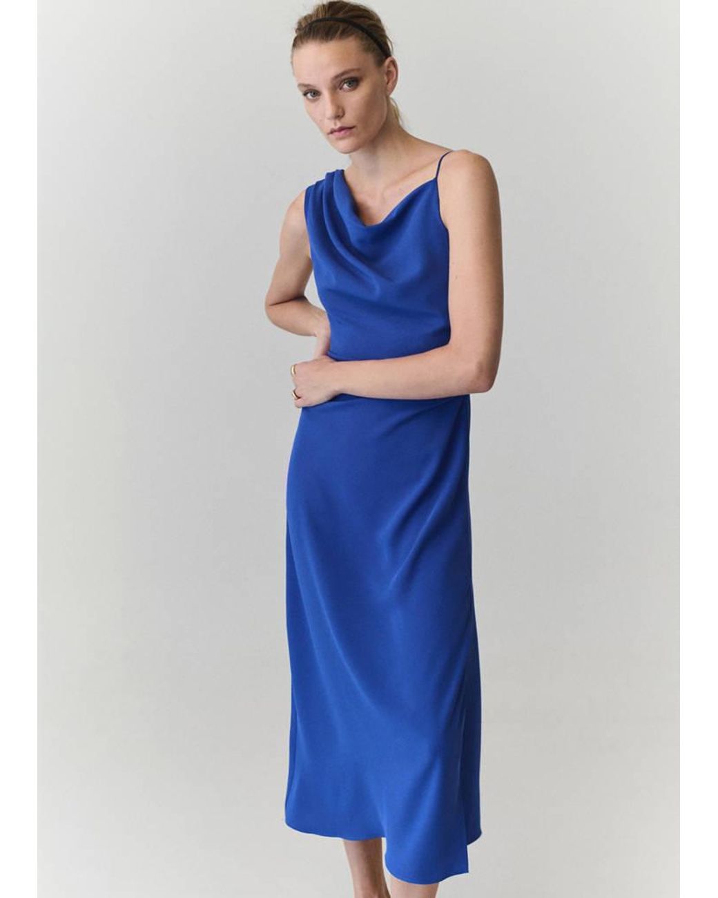 Mango Blue Asymmetric Side Ruched Dress