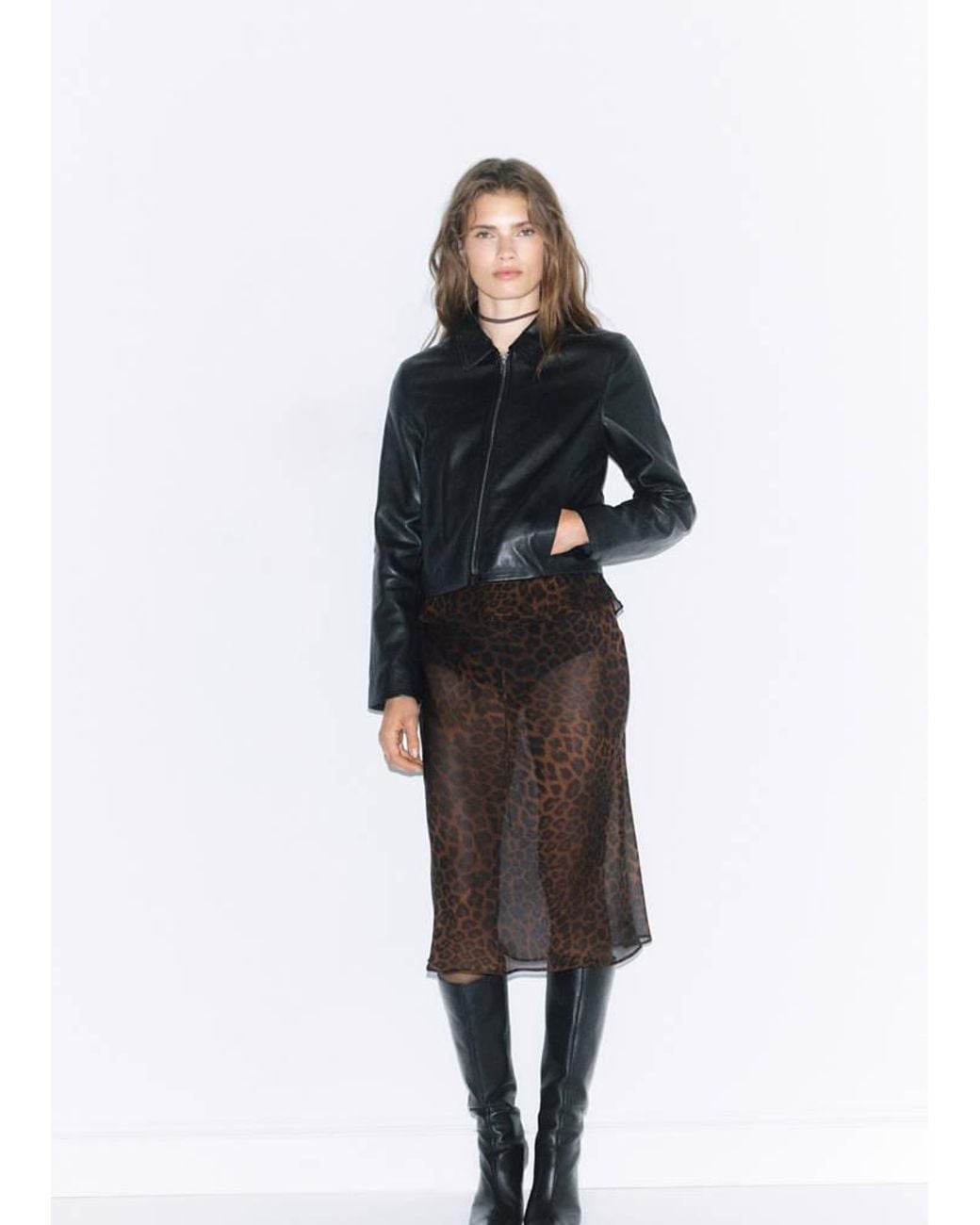 Mango Brown Animal-Print Midi-Skirt