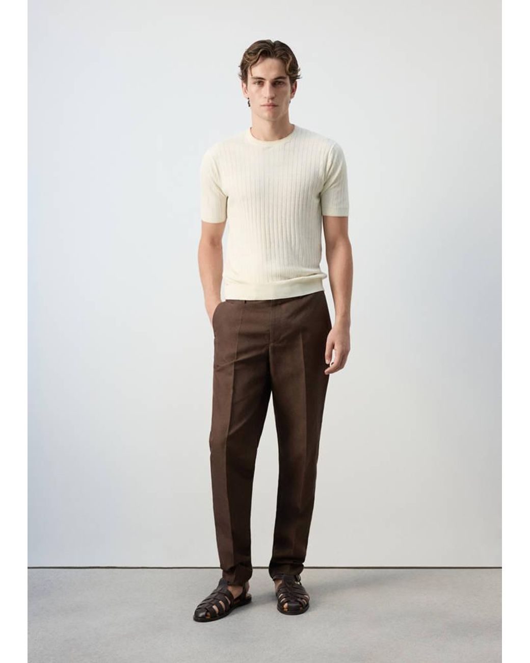 Mango White Ribbed Linen Lyocell Blend T-Shirt for men