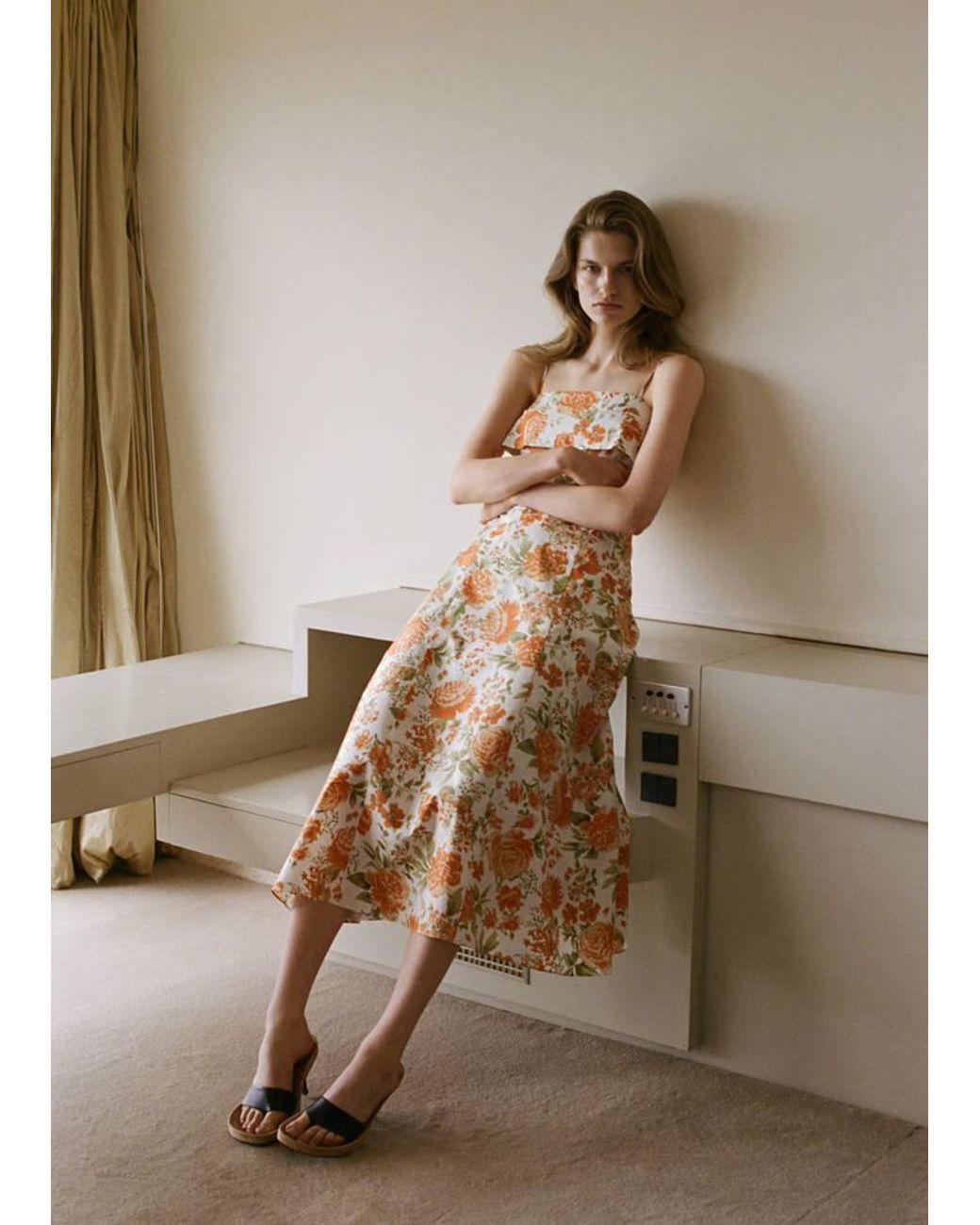 Mango Brown Floral-Print Flared Dress