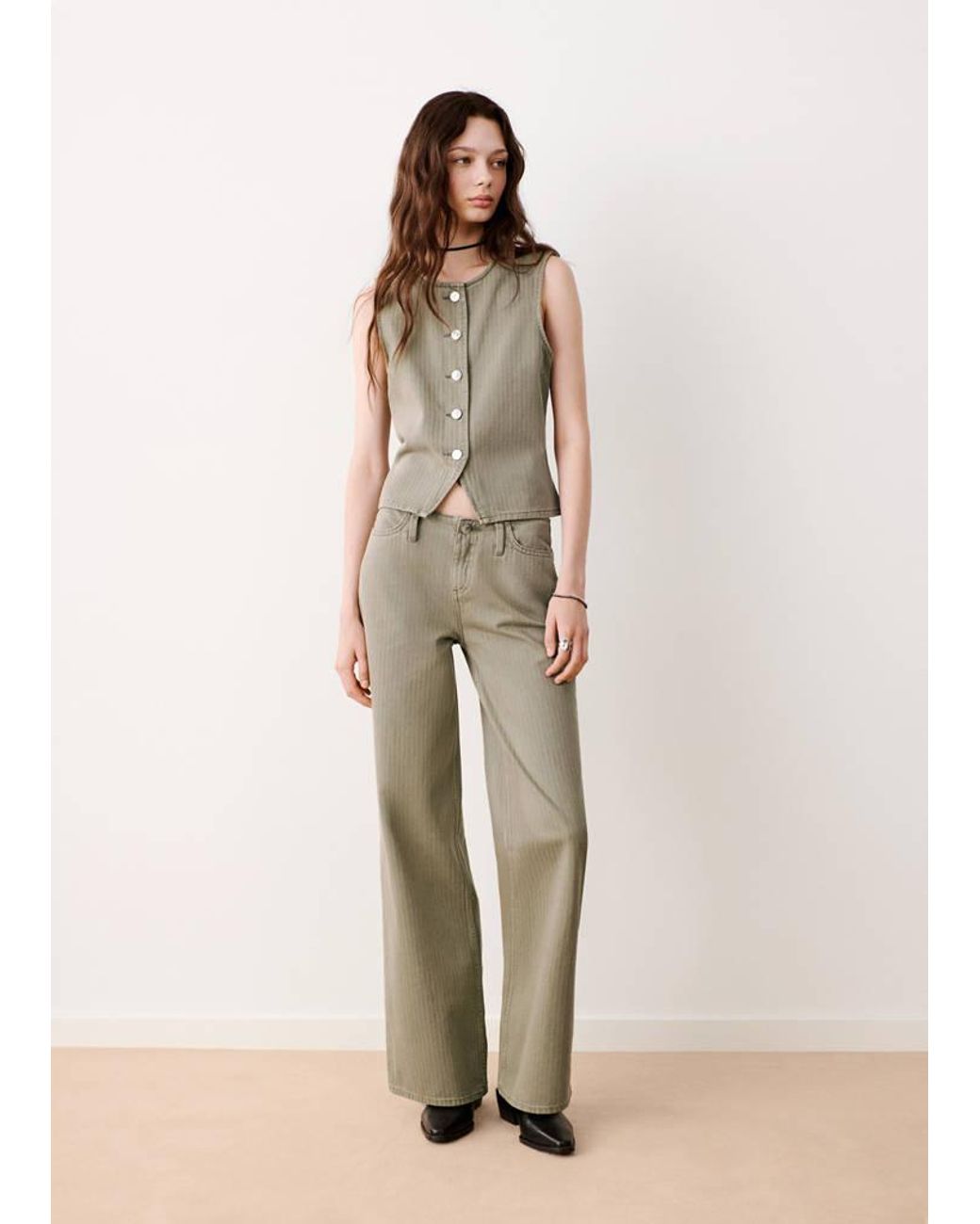 MANGO TEEN Natural Wide Leg Striped Jeans