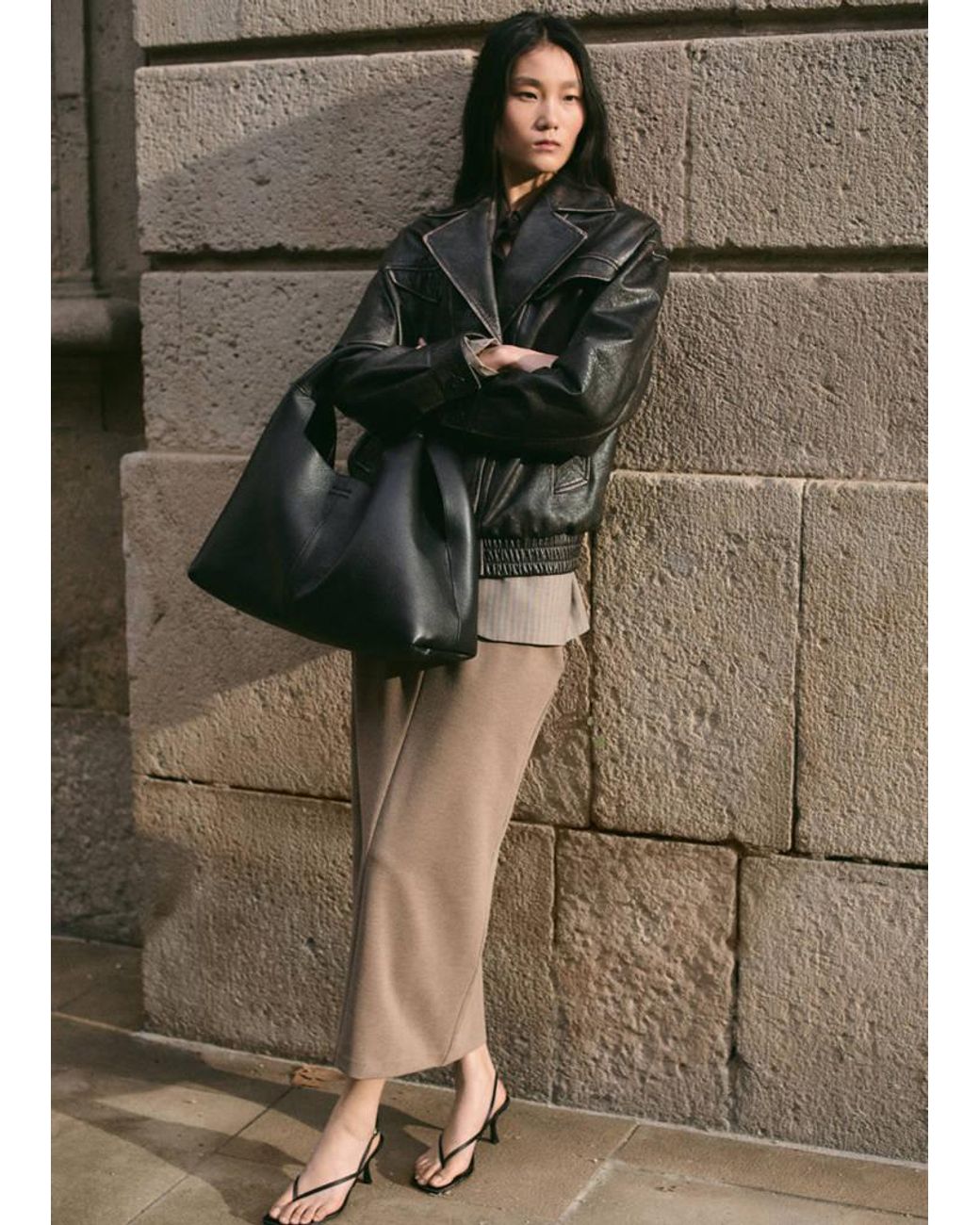 Mango Green Oversized Leather Jacket With Lapels