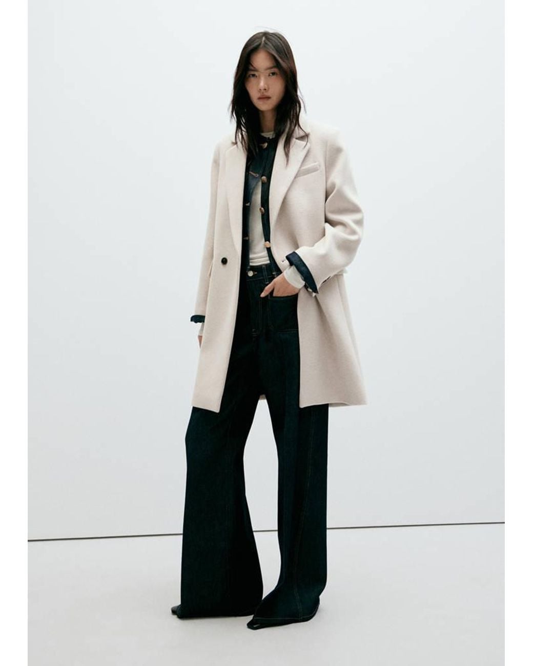 Mango White Double-Breasted Wool Coat