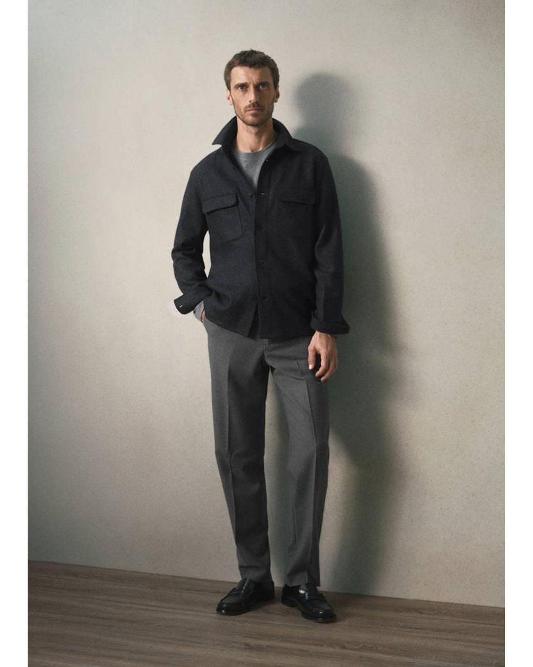 Mango Gray Wool-Blend Overshirt With Pockets, Regular Fit for men