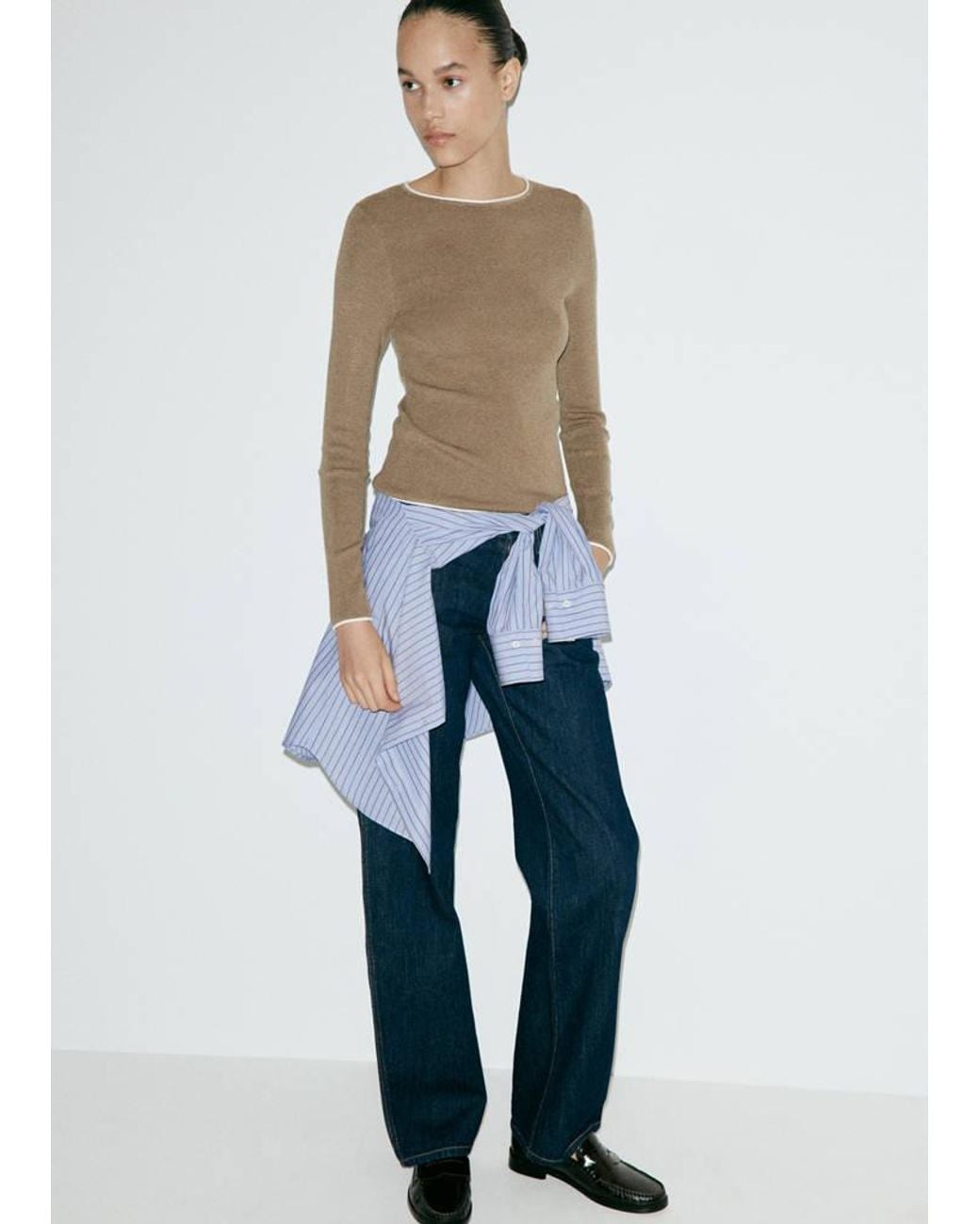 Mango Blue Ribbed Knit Jumper With Contrast Edging