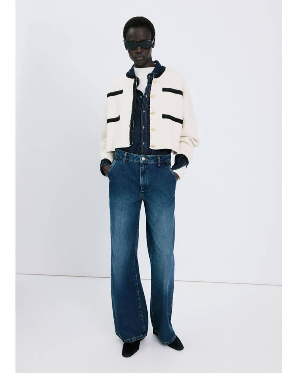 Mango Blue Contrasting Ribbed Cardigan