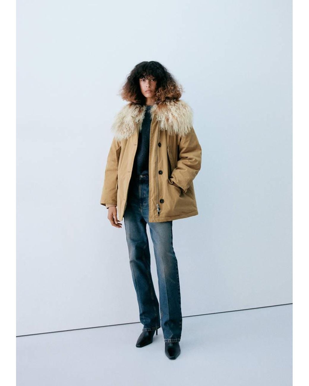 Mango White Oversized Parka With Fur Collar
