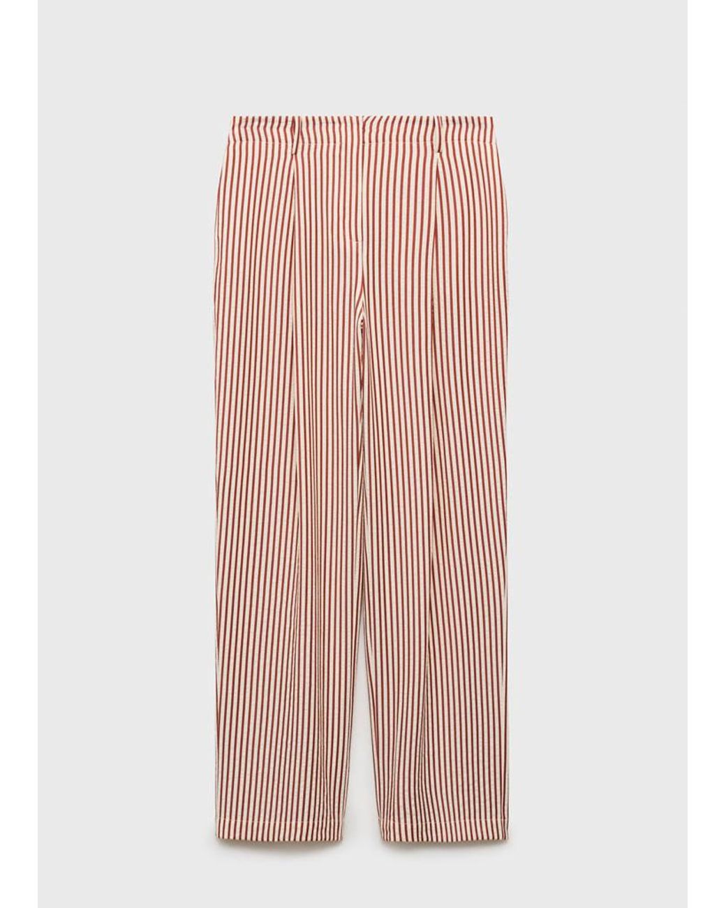 Mango White Pleated Striped Trousers