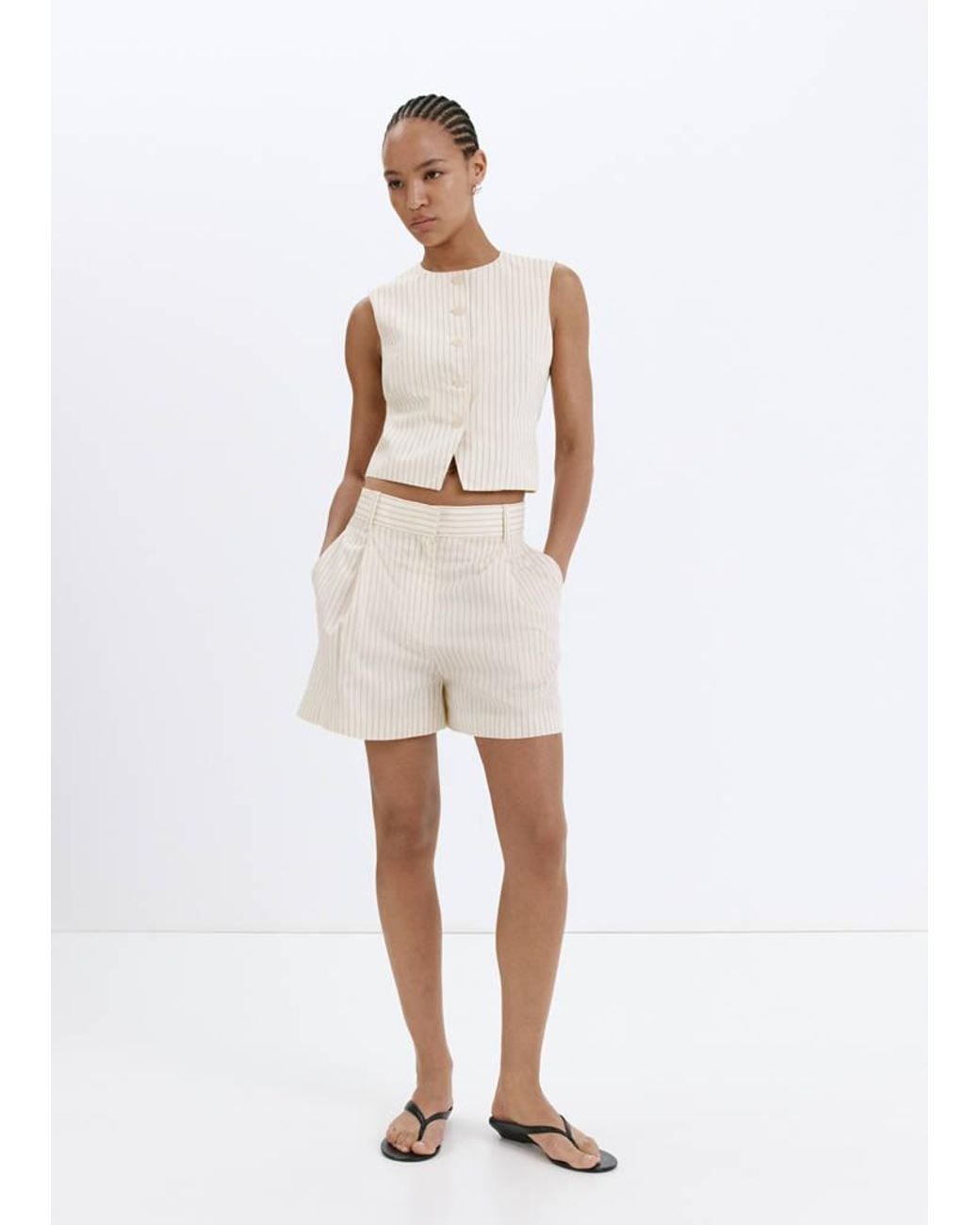 Mango White Pinstripe Pleated Bermuda Shorts