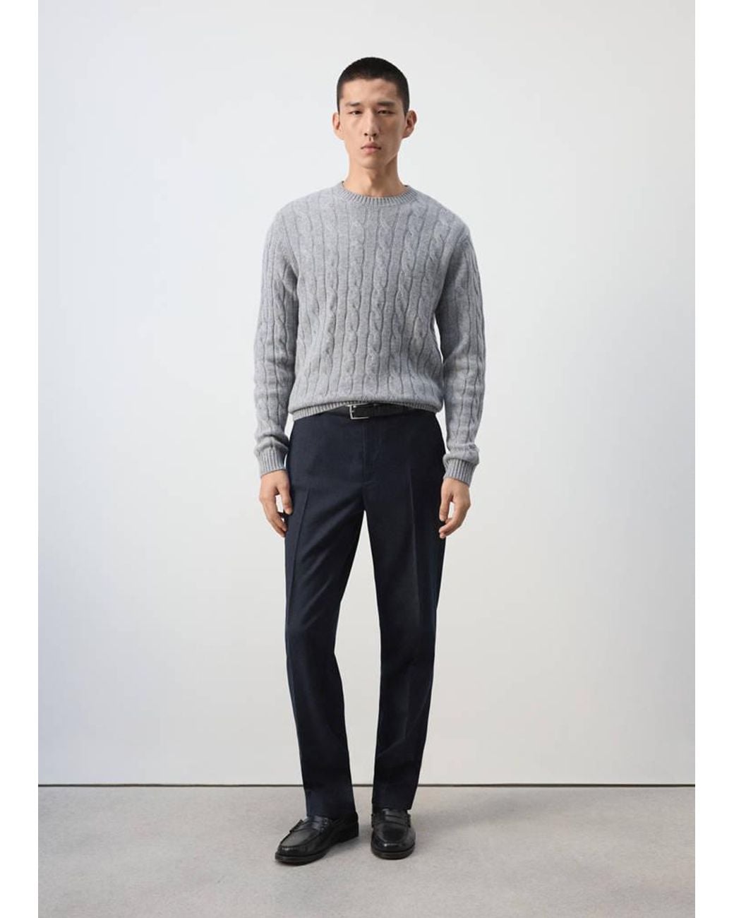 Mango Gray 100% Wool Cable-Knit Jumper for men