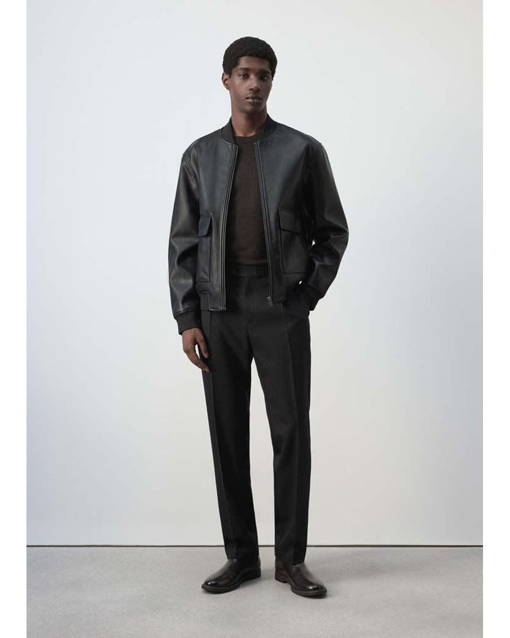 Mango Black Faux-Leather Bomber Jacket for men