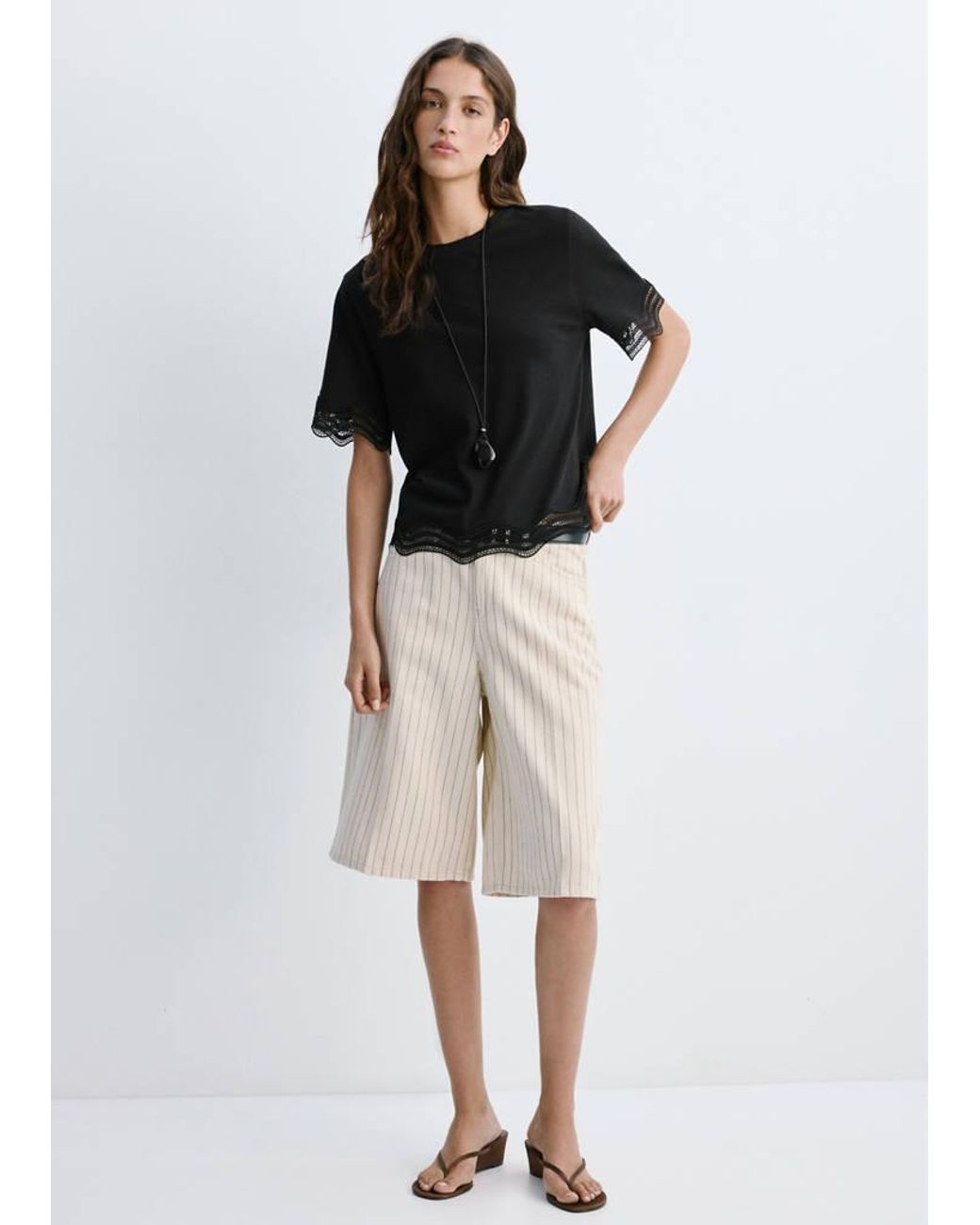 Mango Black Cotton T-Shirt With Broderie Anglaise Details
