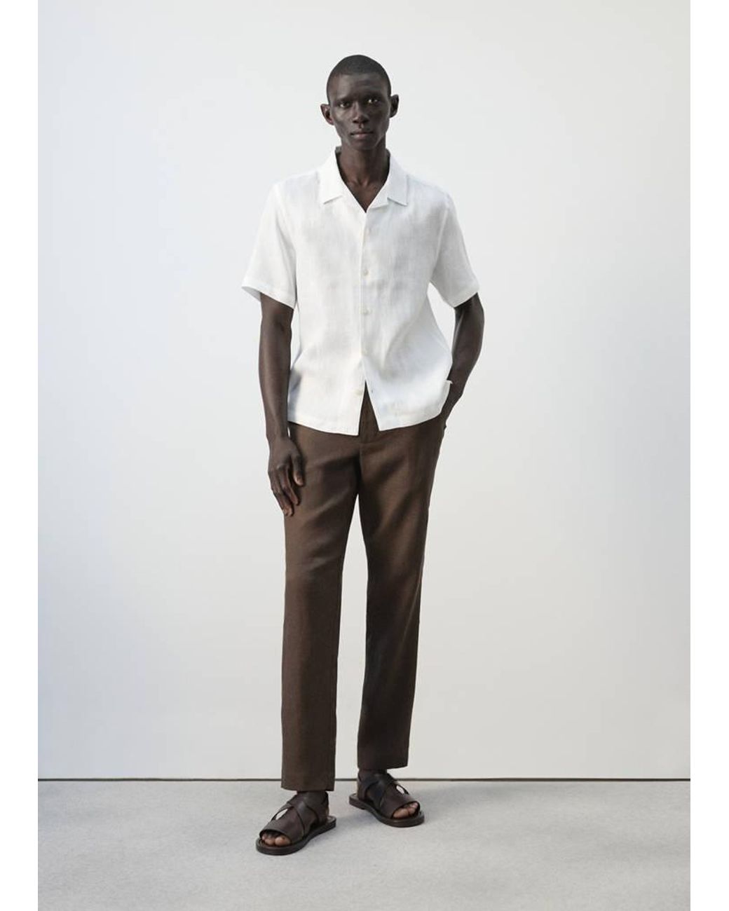 Mango White 100% Linen Bowling-Collar Shirt for men