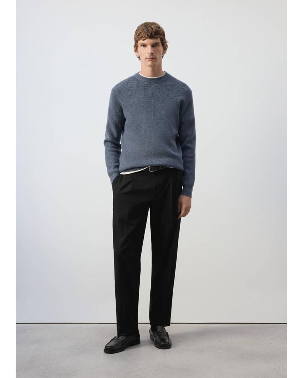 Mango Blue Herringbone Knit Sweater for men