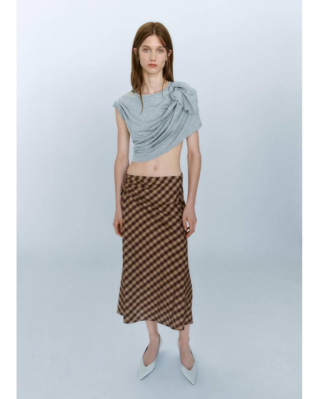 Mango White Gingham Skirt With Draped Detail