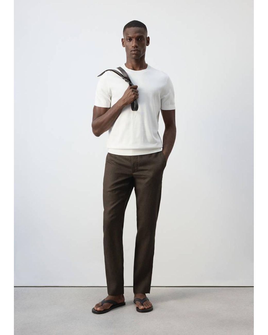 Mango White Slim-Fit 100% Linen Trousers for men