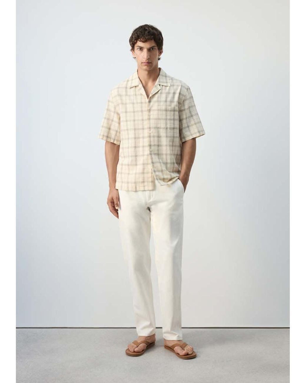 Mango White 100% Cotton Checked Bowling Collar Shirt for men