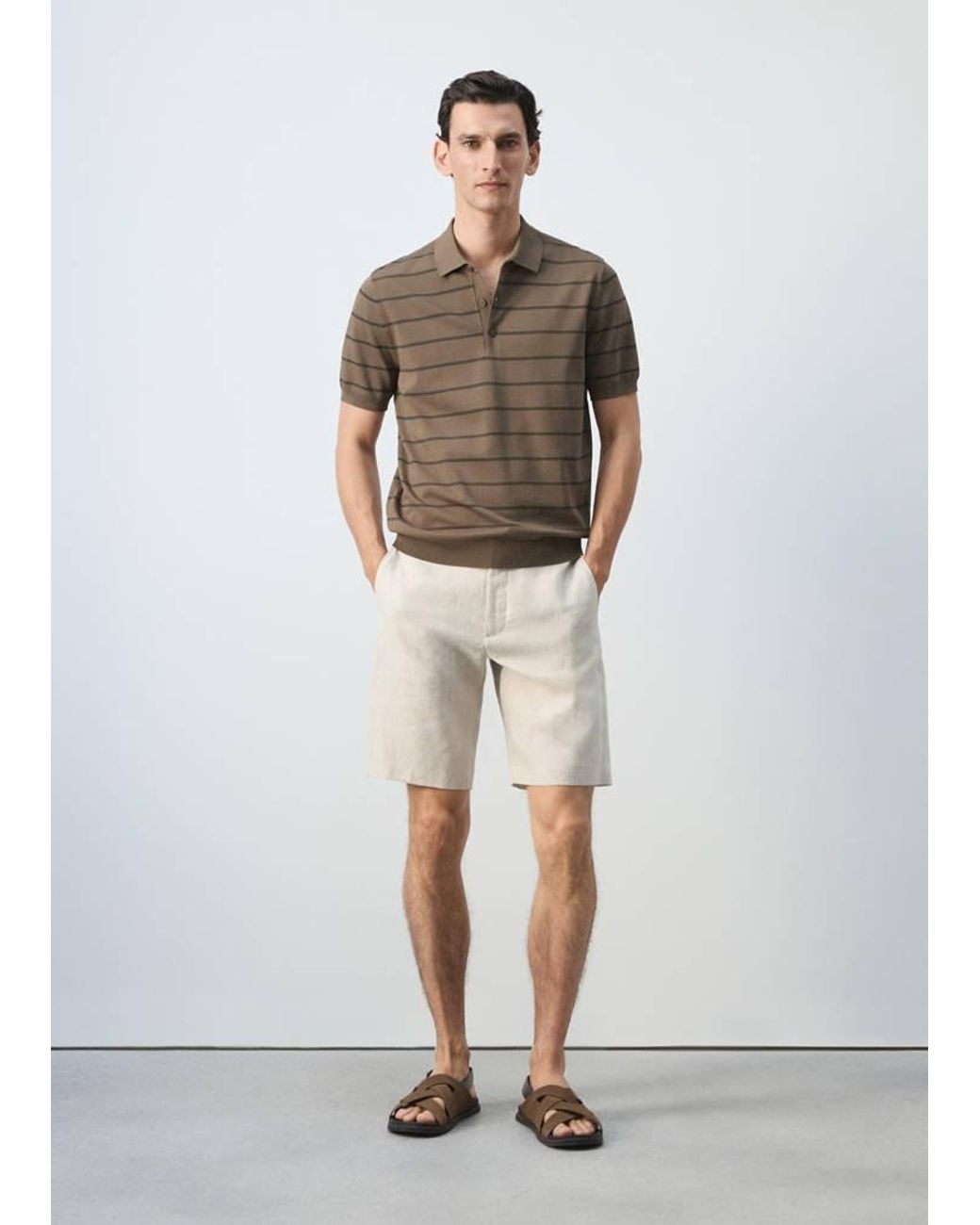 Mango White Striped Fine-Knit Polo Shirt for men