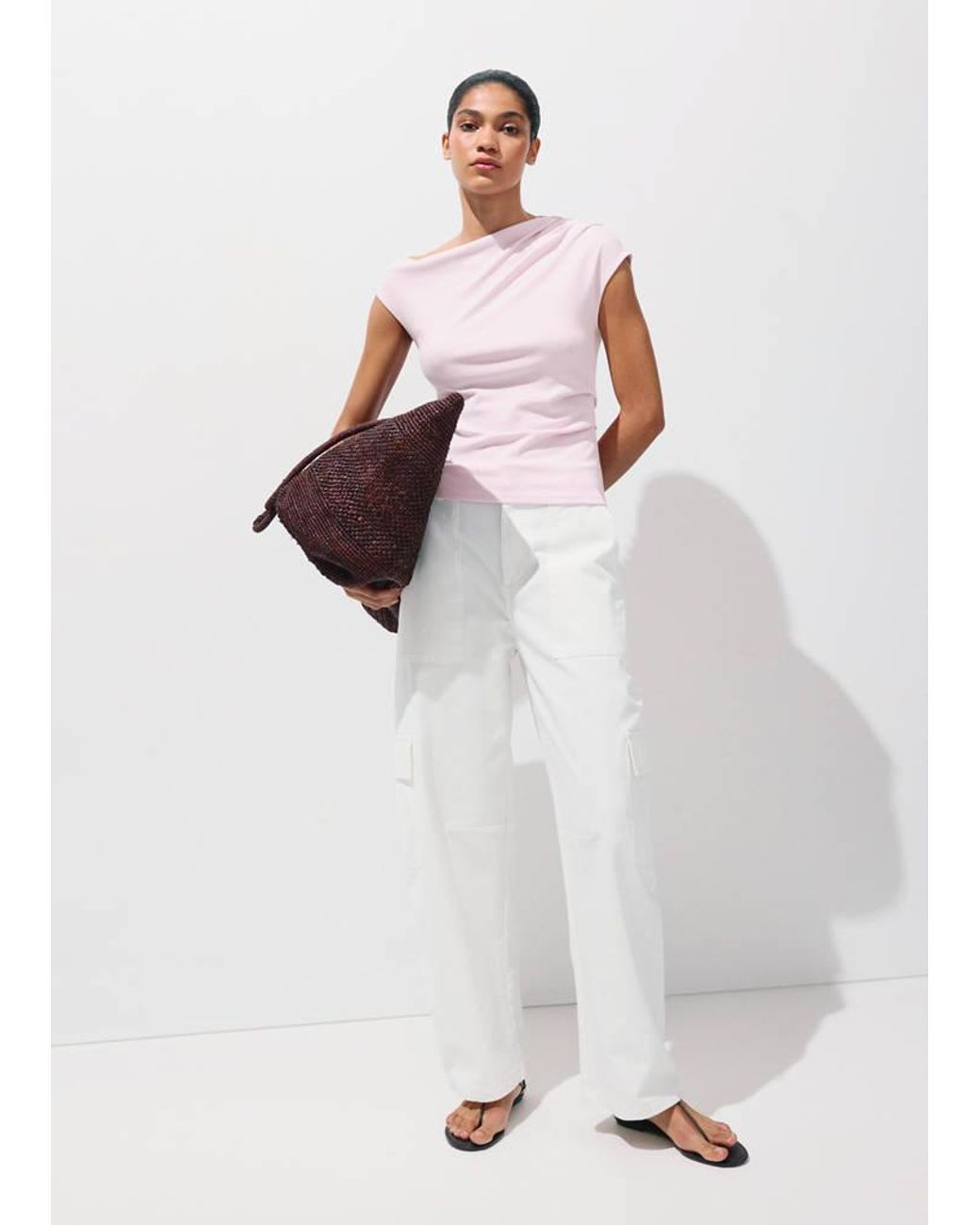 Mango White Asymmetrical Ruched T-Shirt