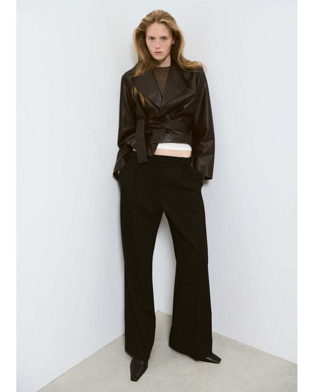 Mango Brown Crop Leather Trench Coat With Belt