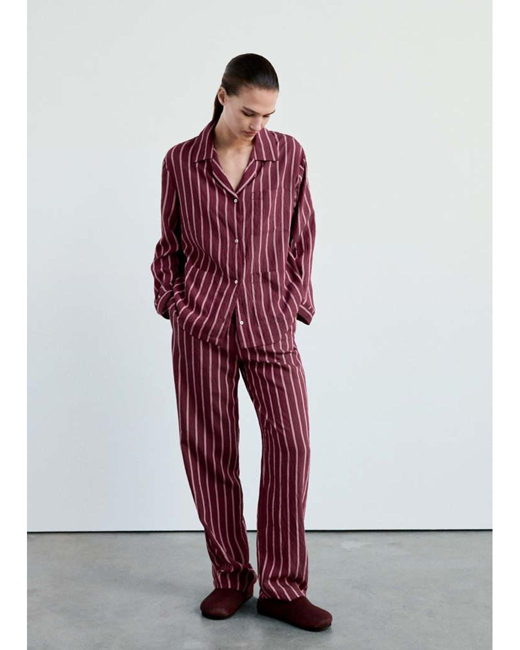 Mango Red Striped Pyjama Shirt With Front Pocket