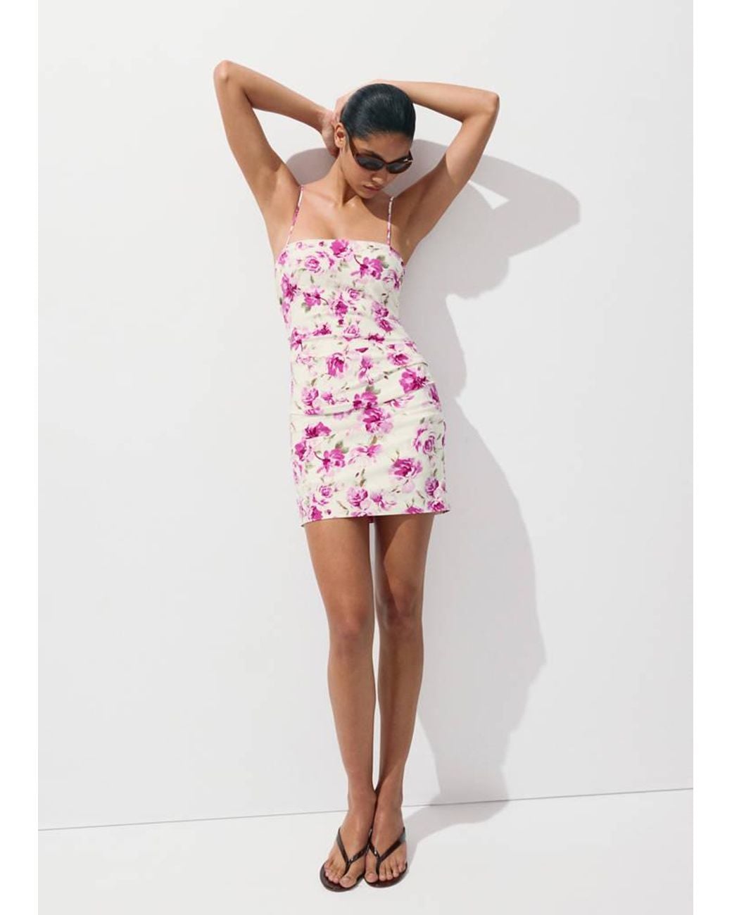 Mango Red Side Ruched Floral Dress