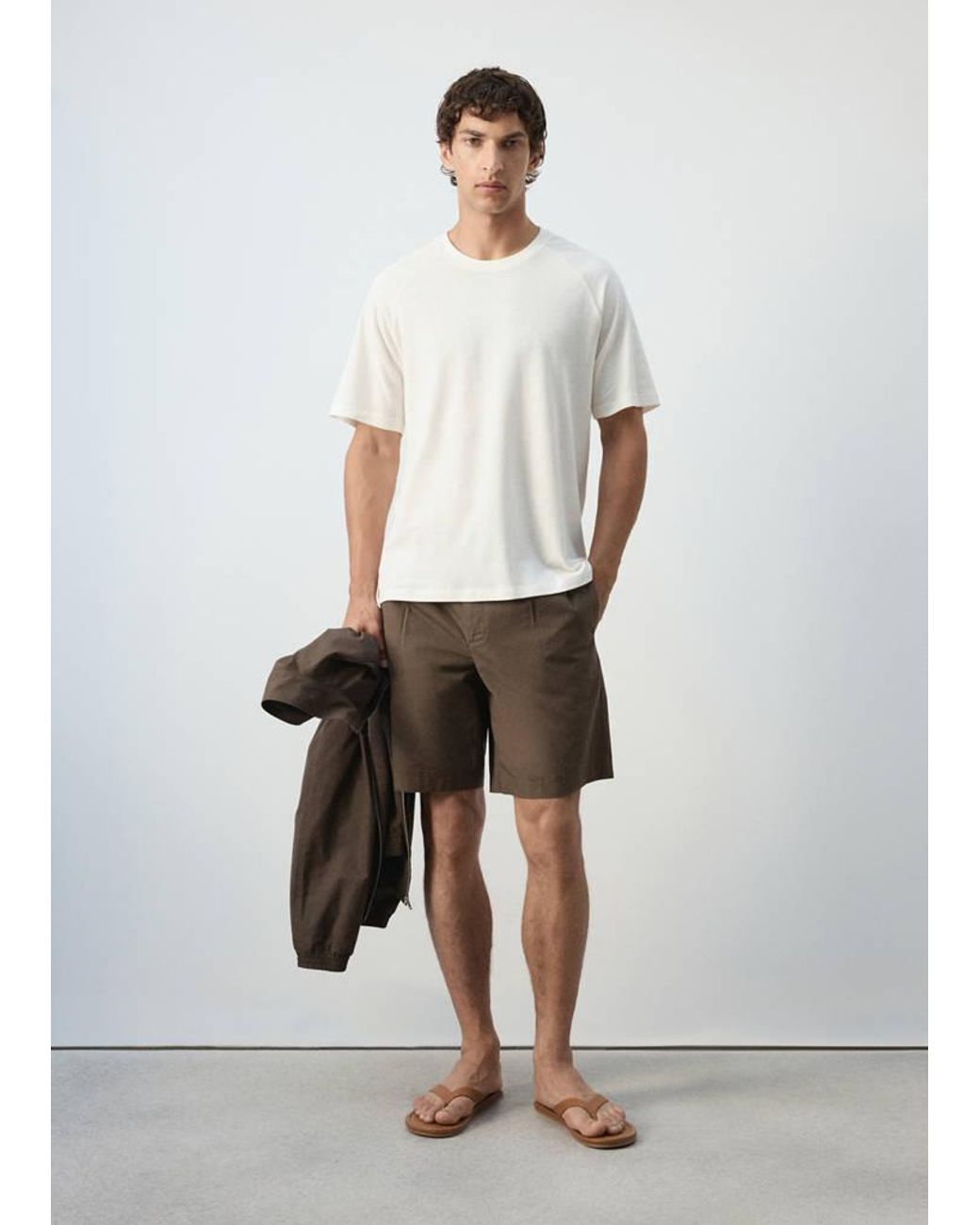 Mango White Lyocell Cotton Blend Pleated Bermuda Shorts for men