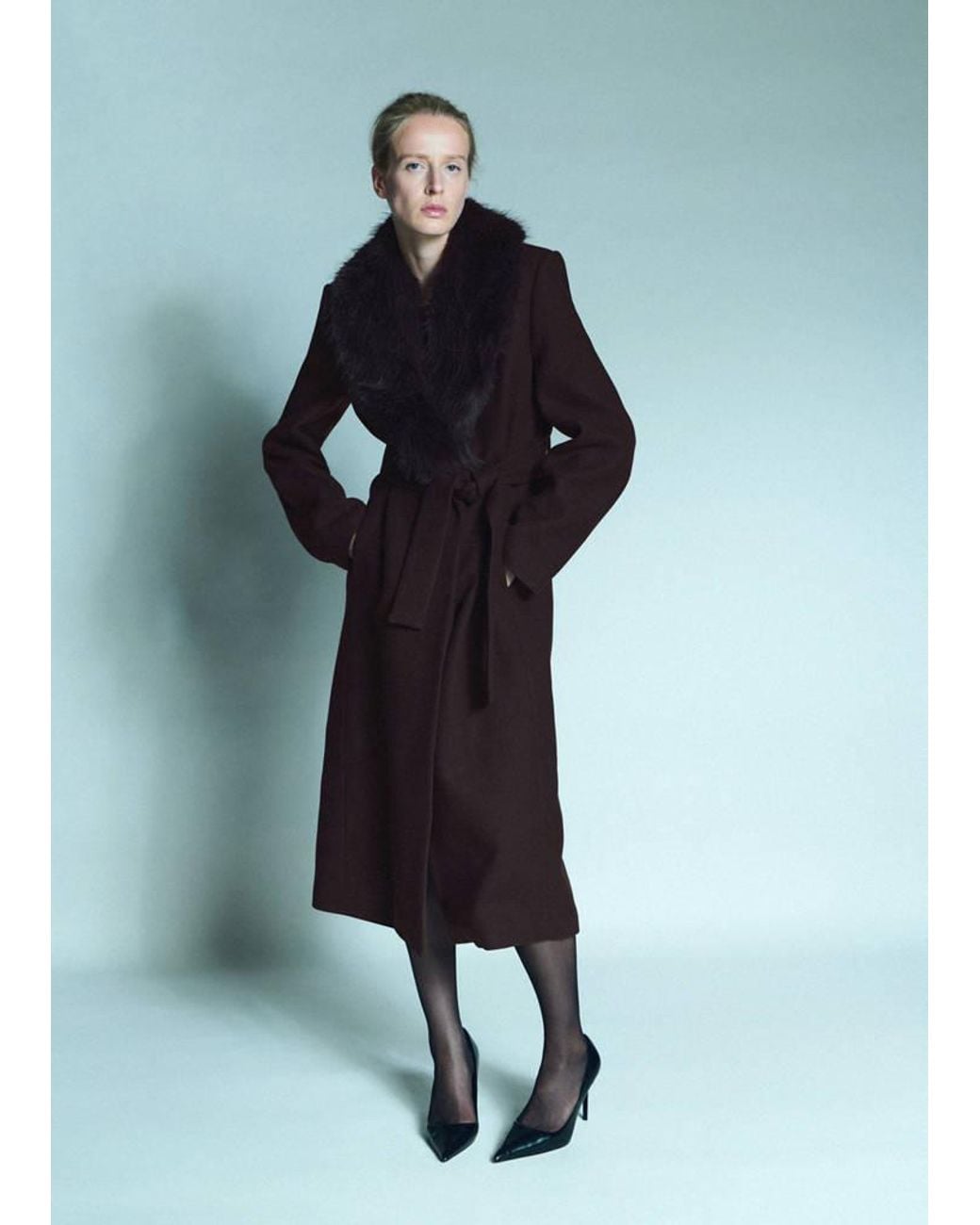 Mango Blue Manteco Wool Coat With Detachable Fur