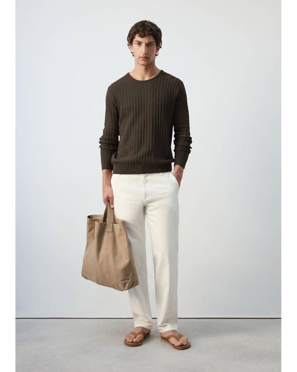 Mango White Ribbed Cotton-Linen Blend Sweater for men