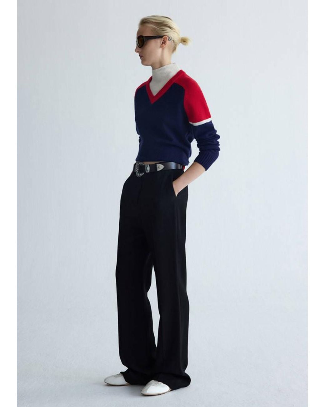 Mango Blue Wool Jersey With Contrast Overlay