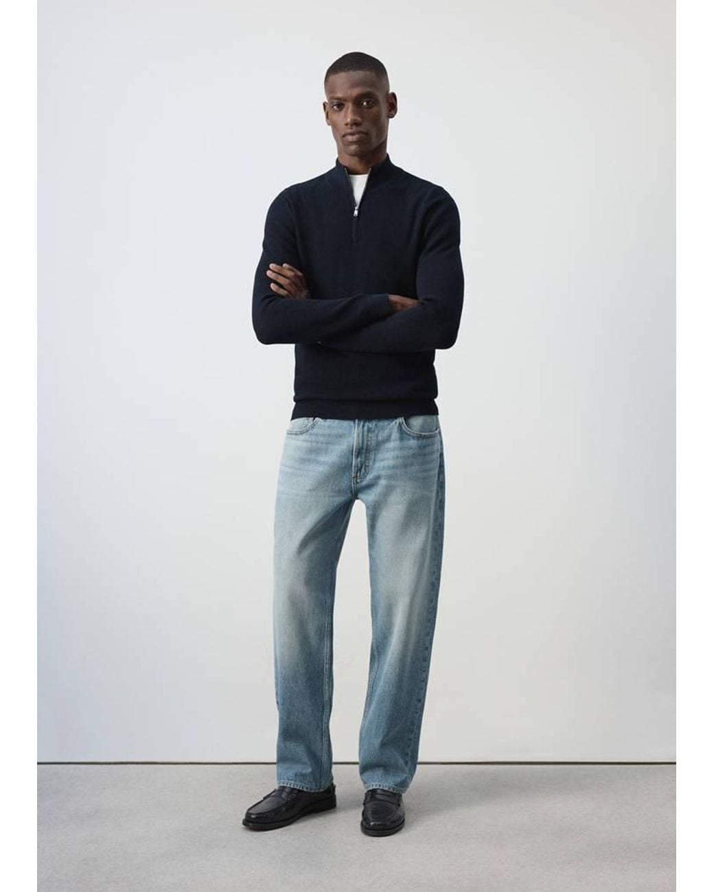Mango Blue Fine-Knit Cotton-Blend Jersey With Textured Zip-Up Fastening for men
