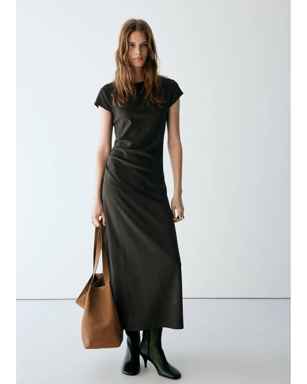 Mango White Gathered Check Dress