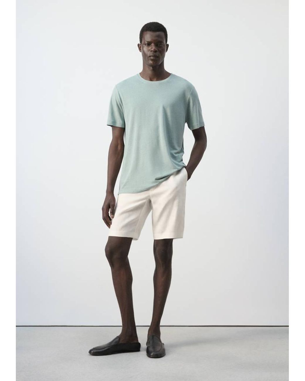 Mango White Linen Blend Slim Fit T-Shirt for men