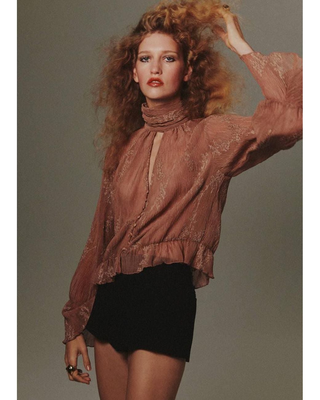 Mango Brown Pleated Blouse With Floral Embroidery