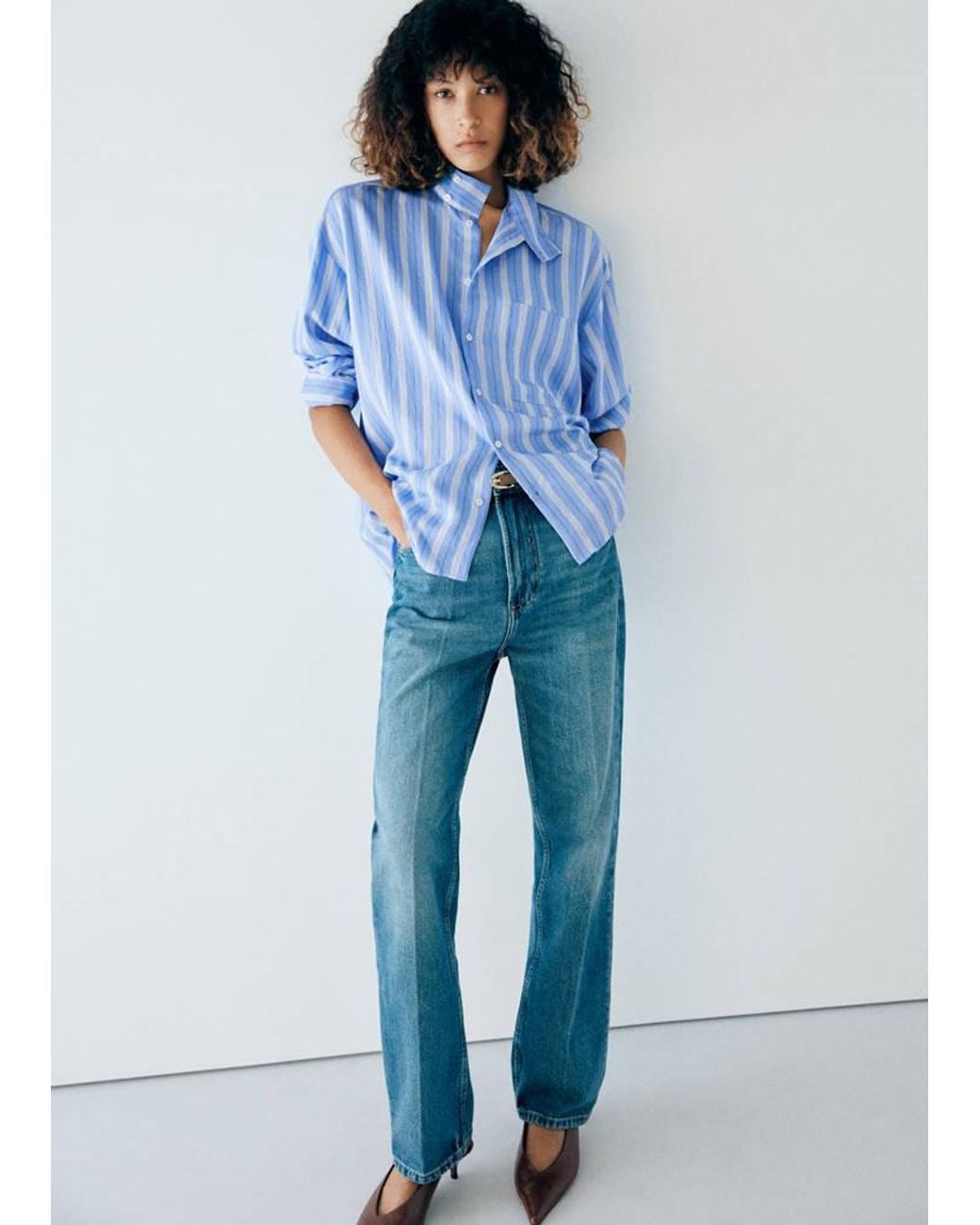Mango Blue Striped Shirt With Stand-Up Collar