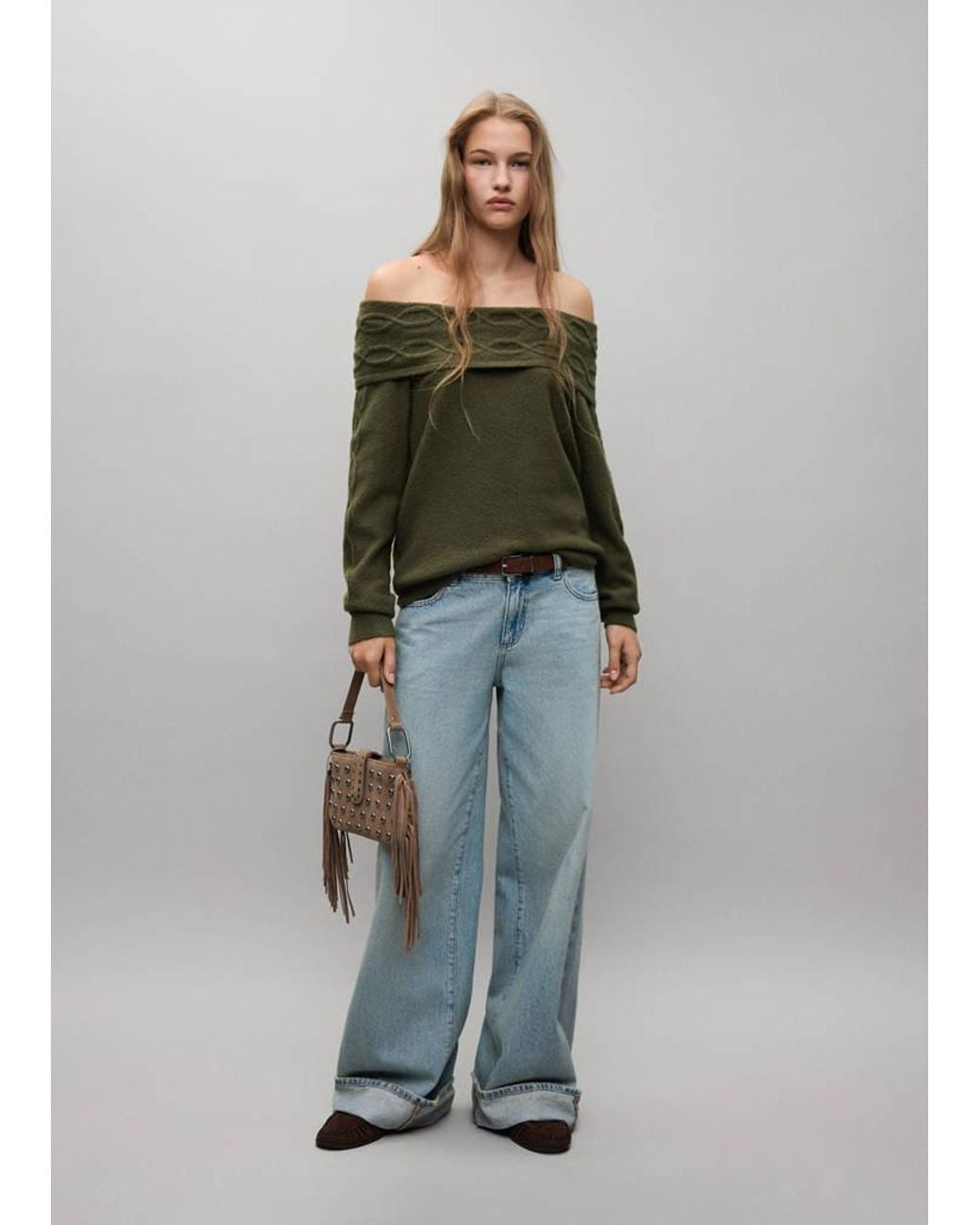 MANGO TEEN Green Off Shoulders Sweater