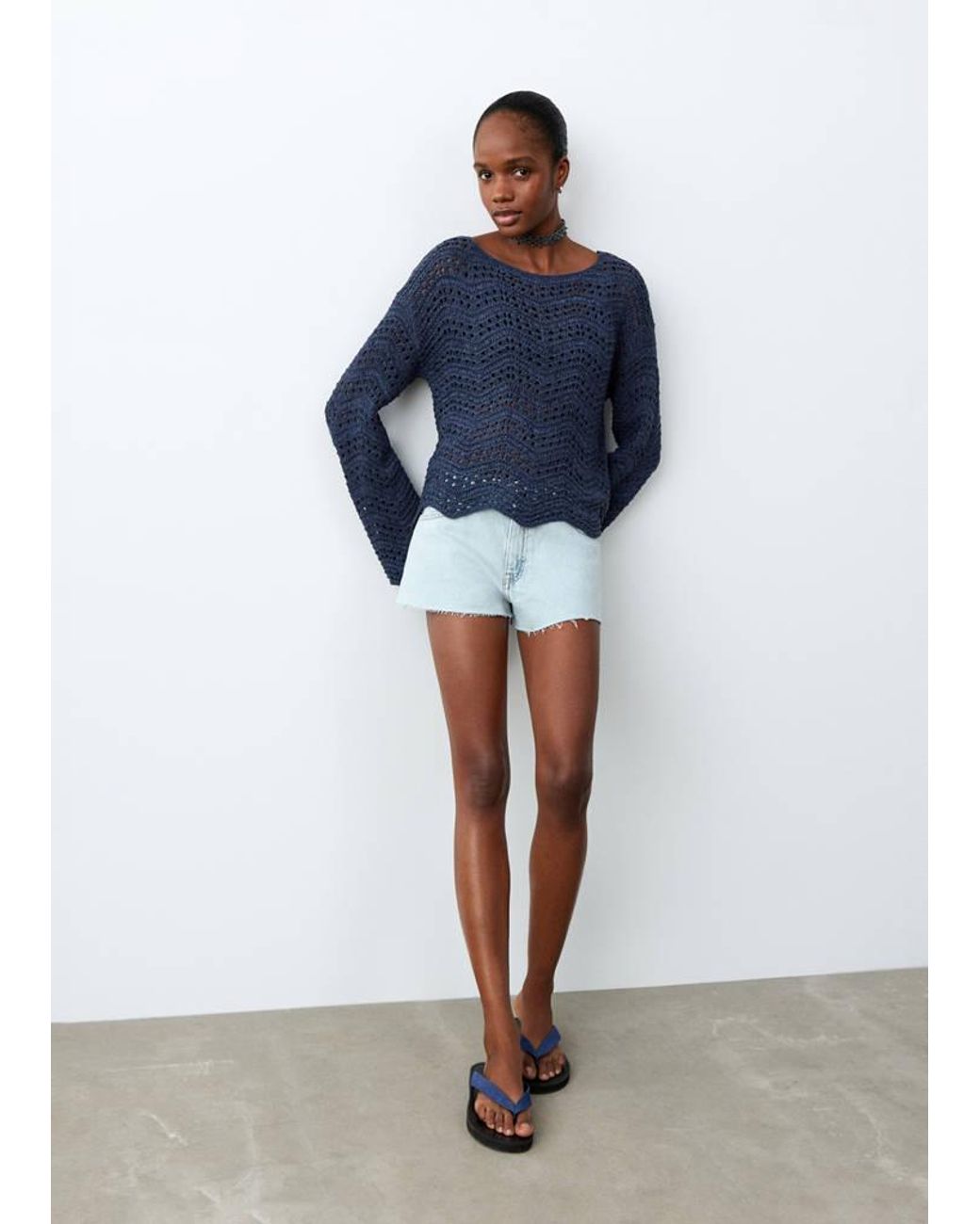 MANGO TEEN Blue High-Waist Frayed Hem Shorts