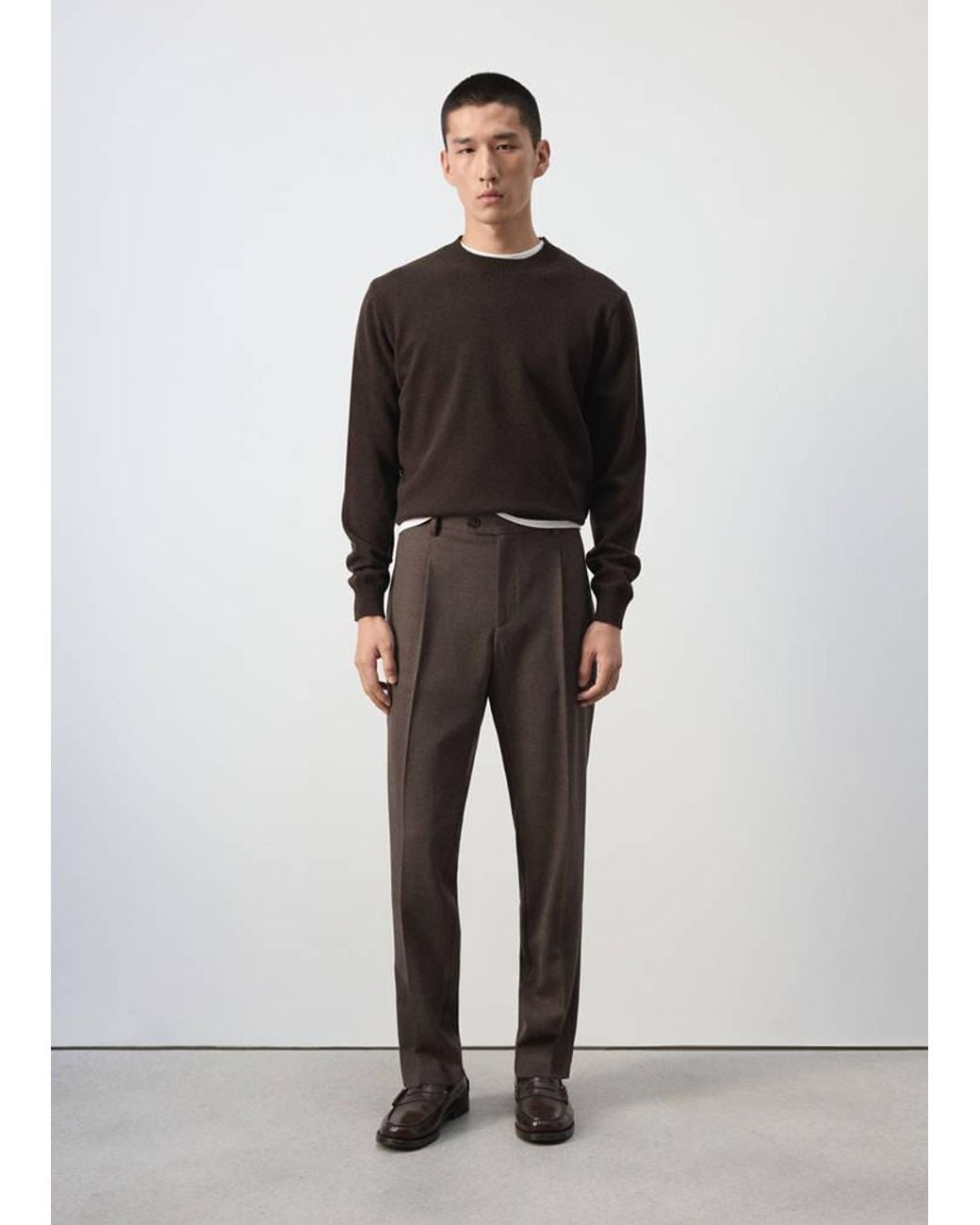 Mango Brown Regular Fit Wool Blend Trousers With Pleats for men
