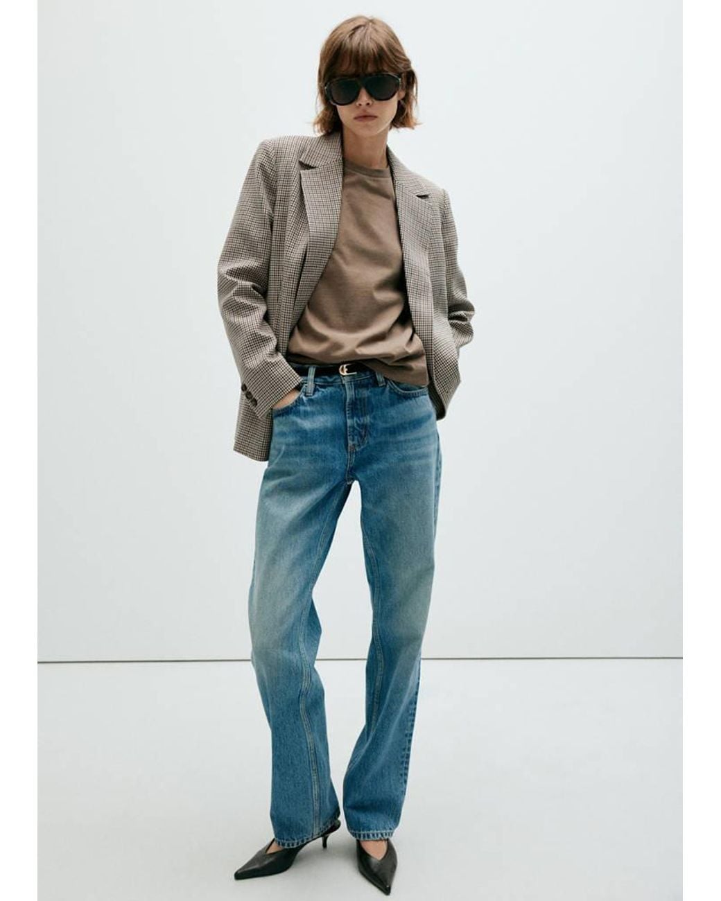 Mango Blue Double-Breasted Micro-Houndstooth Jacket