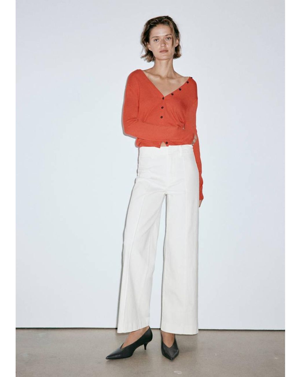 Mango White High-Waisted Wide Leg Jeans With Stitching