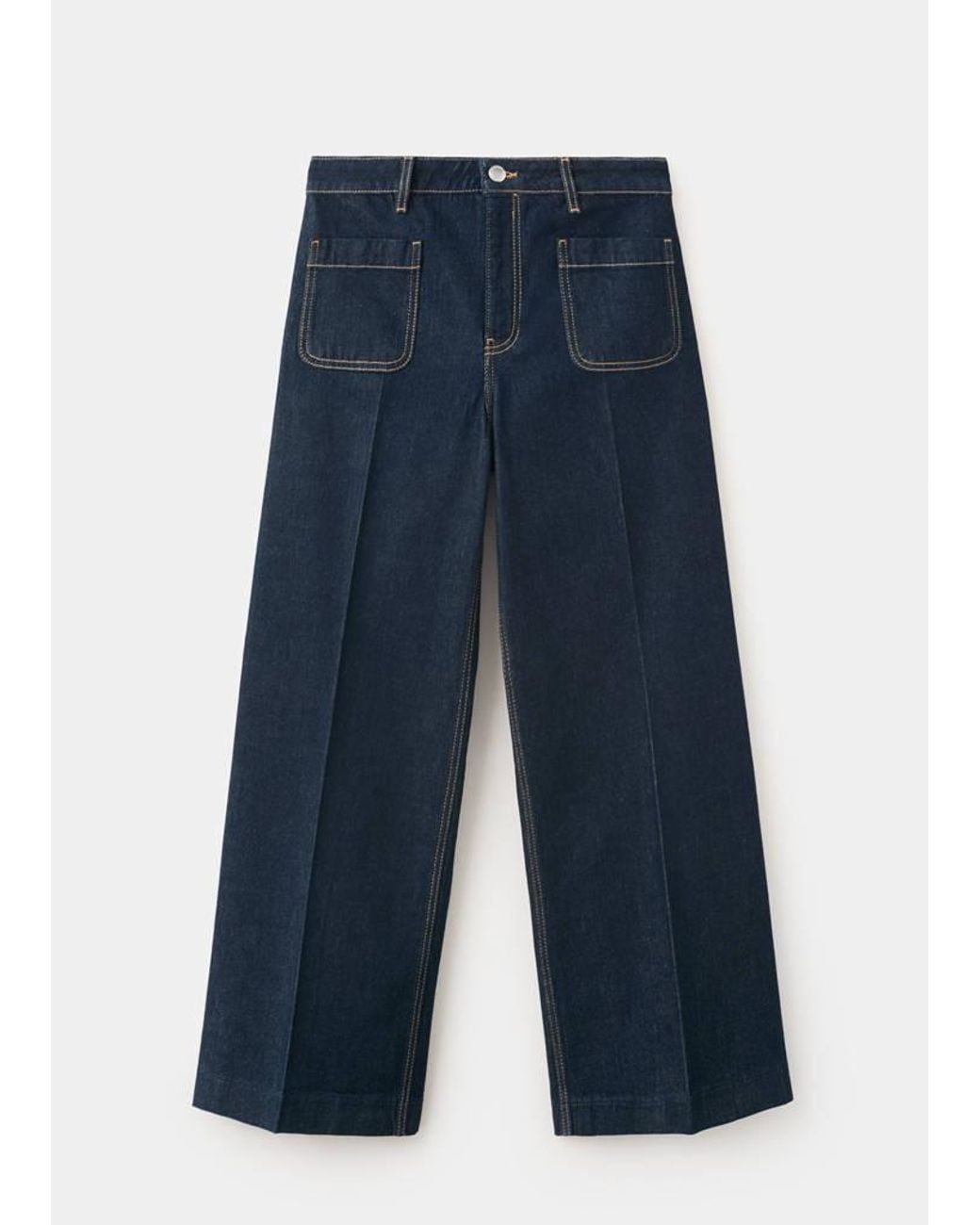 Mango Blue Wide-Leg Patch Pocket Jeans