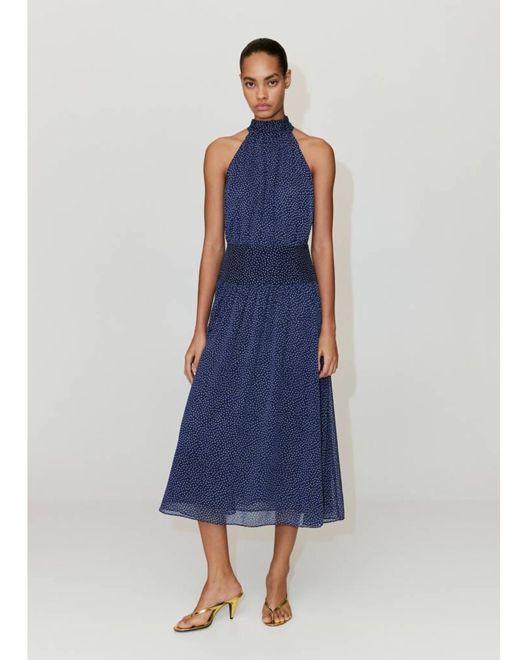 Mango Blue Halter Polka Dot Dress