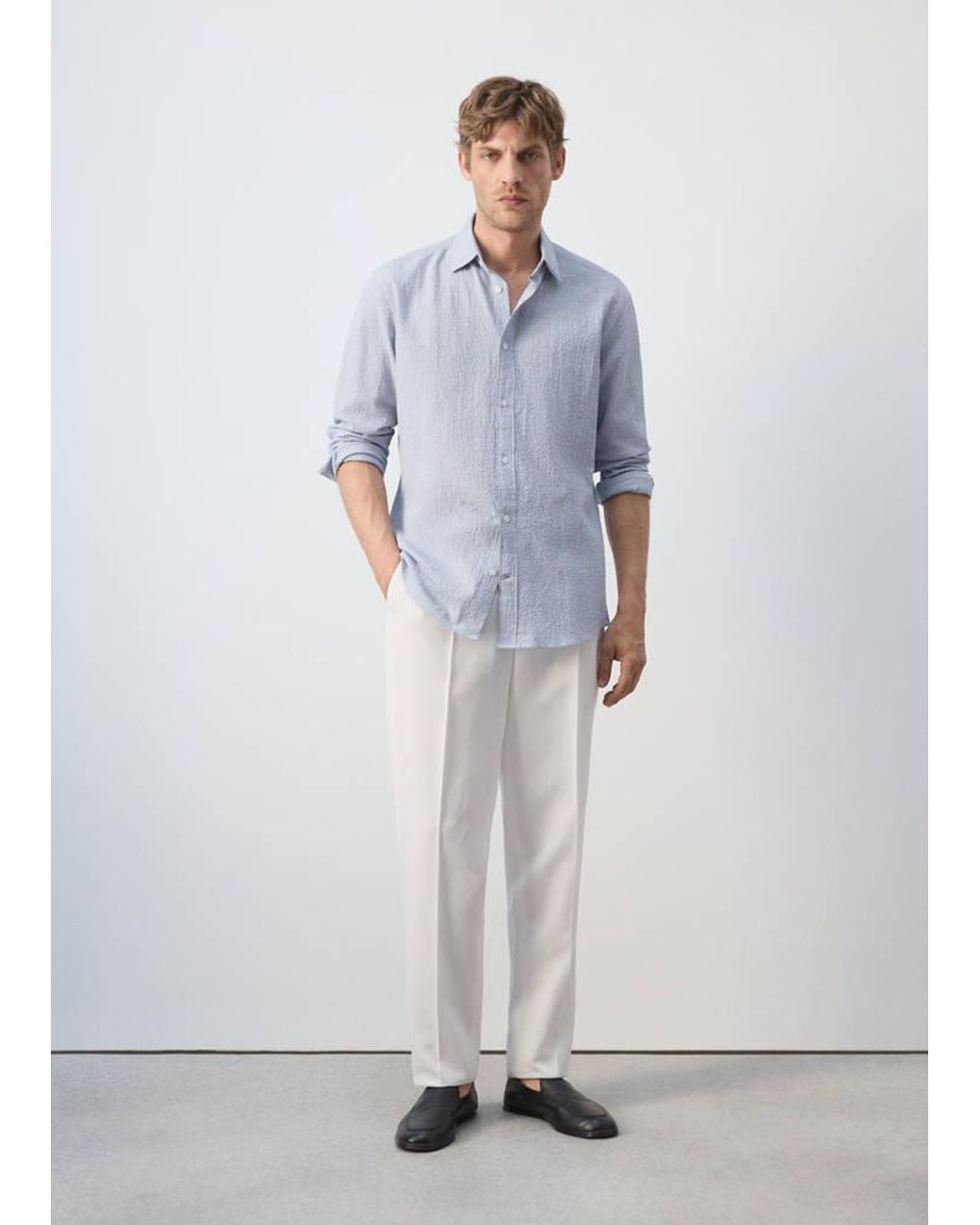 Mango Gray Seersucker Striped Texture Shirt for men