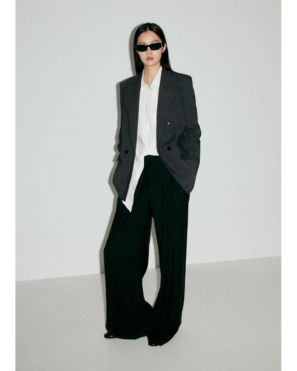 Mango Blue Double-Breasted Check Suit Jacket