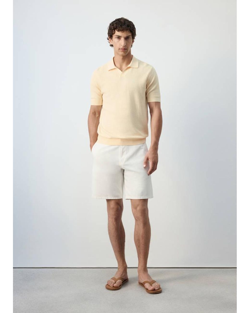 Mango White Cotton-Linen Blend Denim Bermuda Shorts, Regular Fit for men