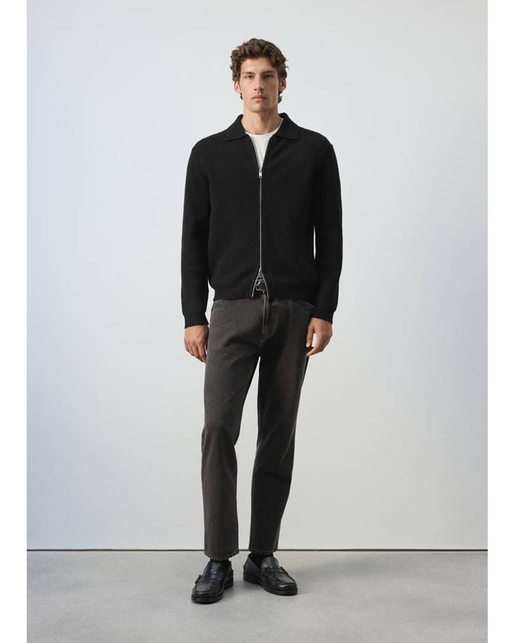 Mango Black Ribbed Wool And Cotton Blend Cardigan for men