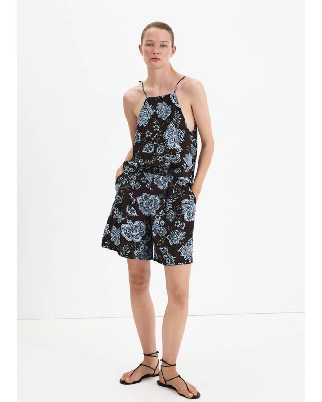 Mango Blue Pleated Floral Print Shorts