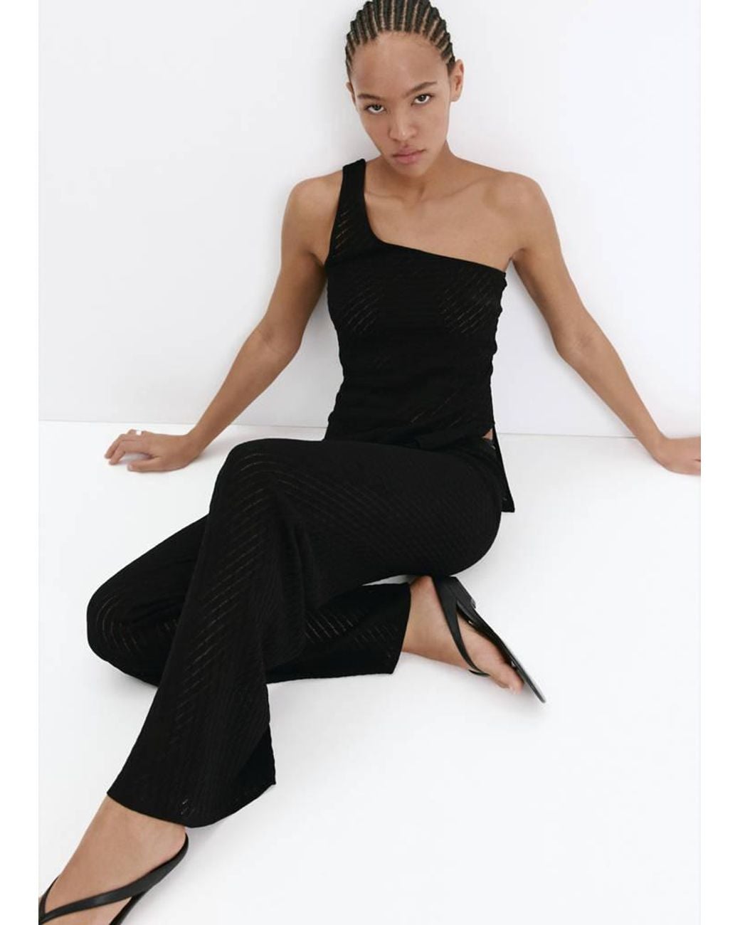Mango Black Straight-Fit Openwork Knitted Trousers