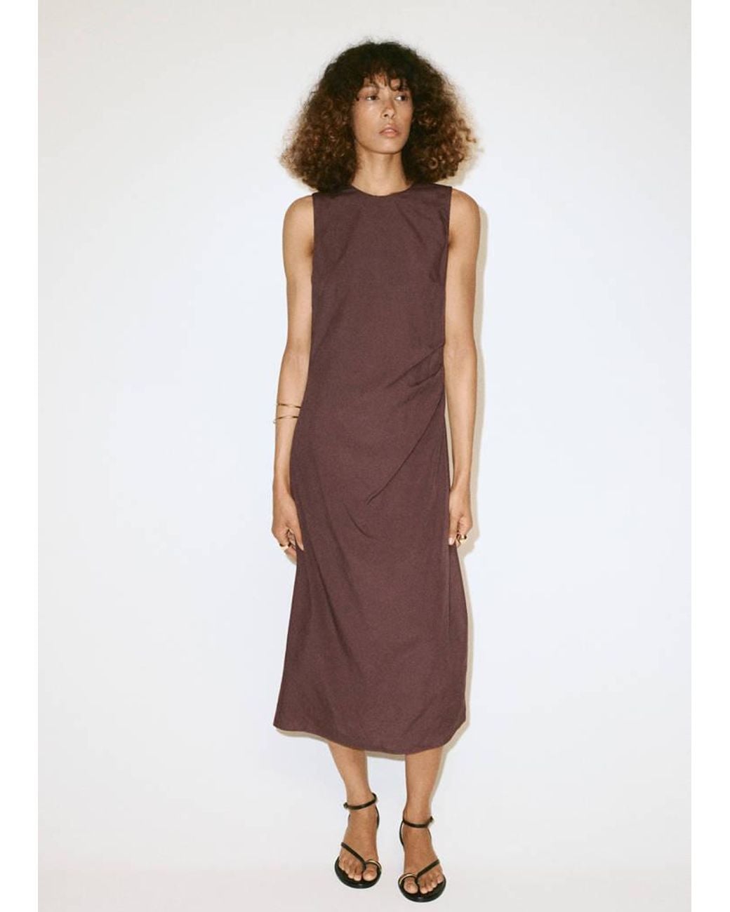 Mango Brown Side Ruched Dress With Tie Detail